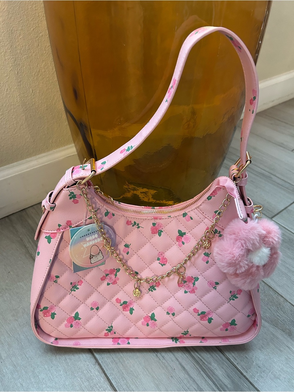 Pink Floral Quilted Hobo Bag with Pom Pom Charm